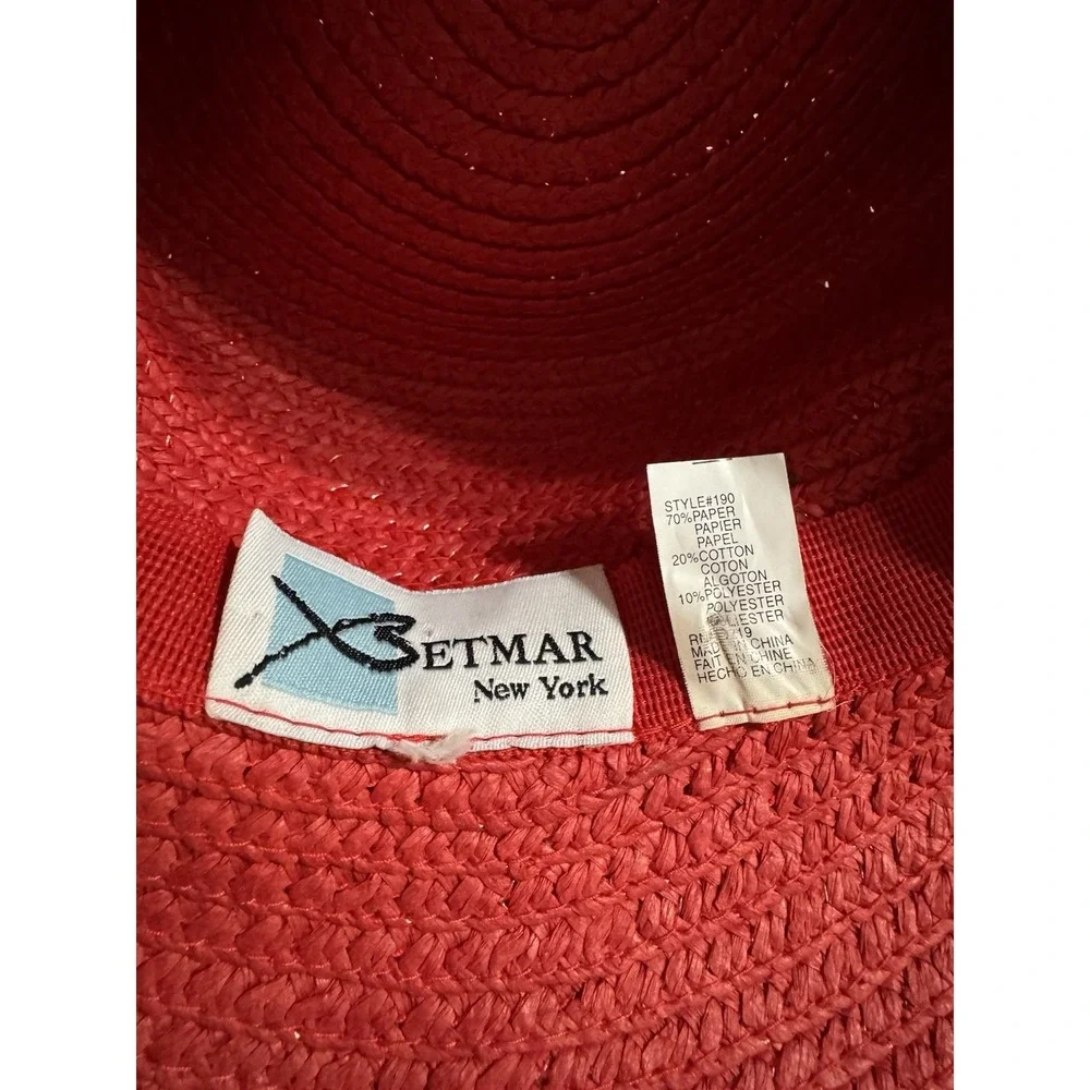 BETMAR NEW YORK Floppy Sun Hat Women's Red Paper Straw Wide Brim Beach LOGO‎